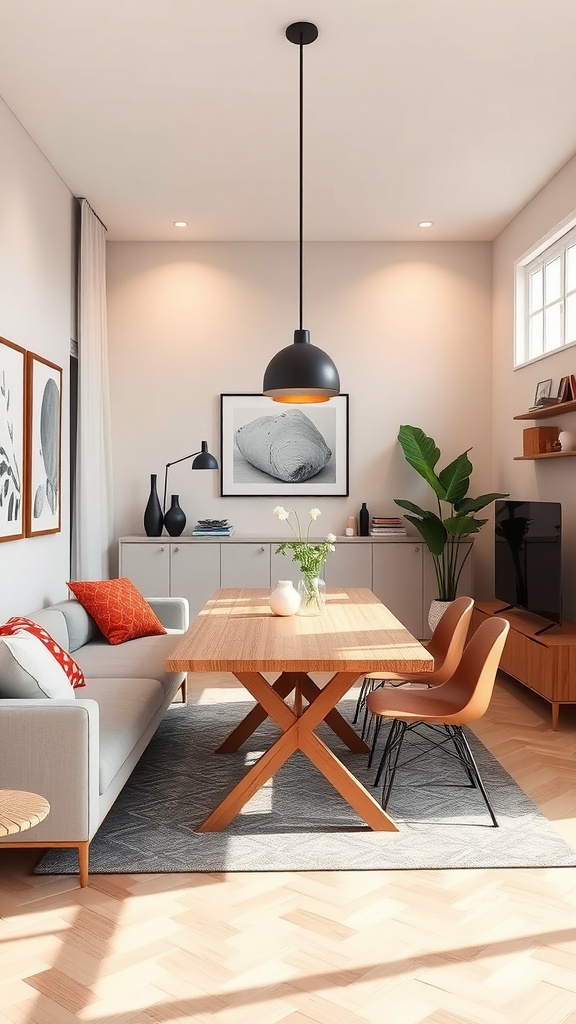 Small living room with a dining table, light sofa, and modern decor