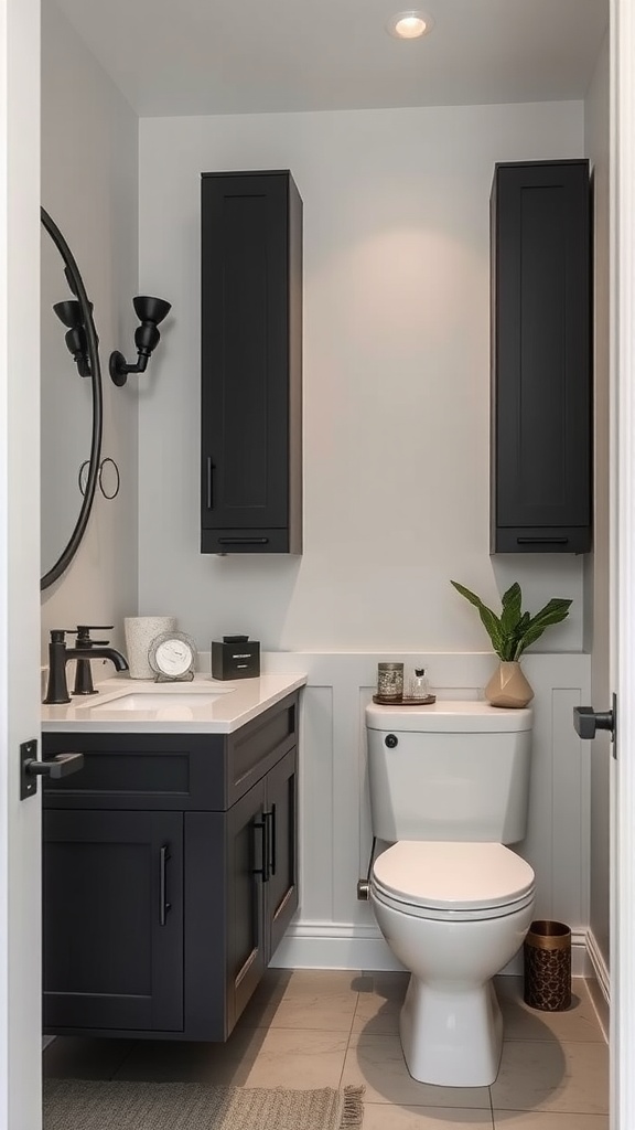 Transitional bathroom with matte black cabinets and fixtures, featuring a round mirror and light-colored walls