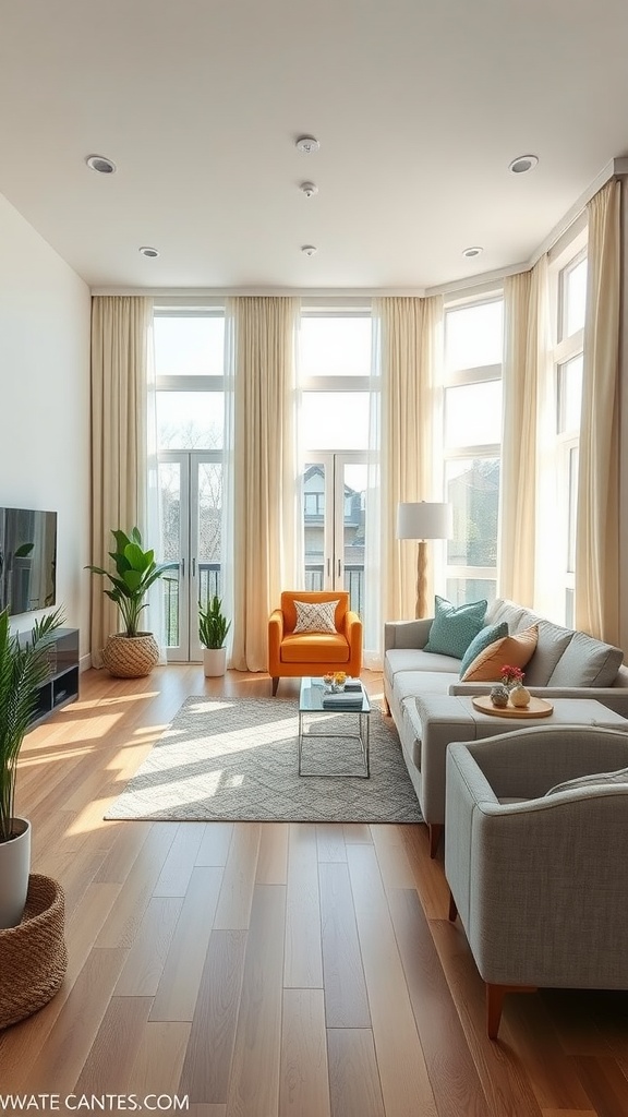 A bright Living Room & Dining Room Combo with large windows, light curtains, and cozy furniture.