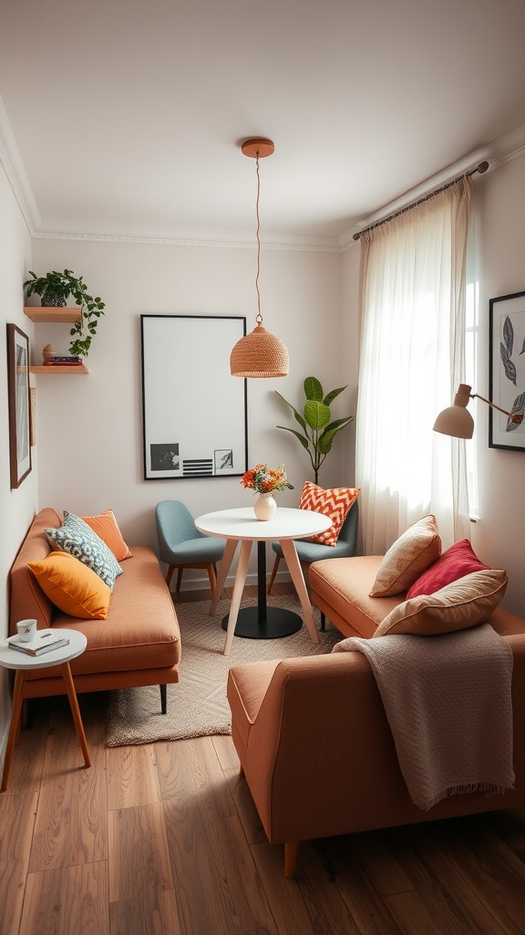 A cozy small living room with two sofas, a round dining table, and warm decor