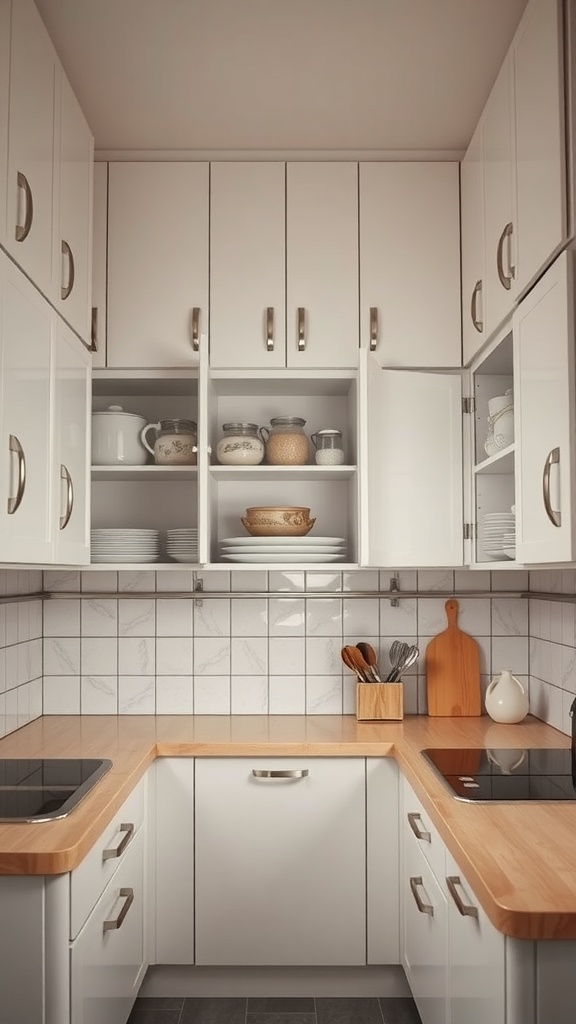 Interior of a small kitchen with white cabinets and wooden countertops, showcasing organized cabinet space.