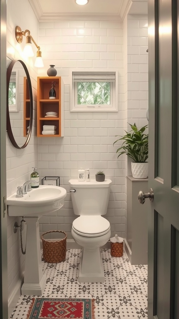 Small bathroom with a corner shelf, round mirror, and light color scheme