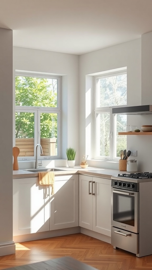 Bright small kitchen with large windows allowing natural light