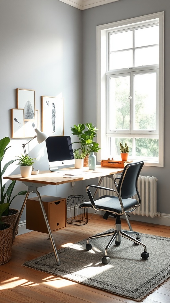 Bright home office with a desk by a large window, featuring plants and a computer.