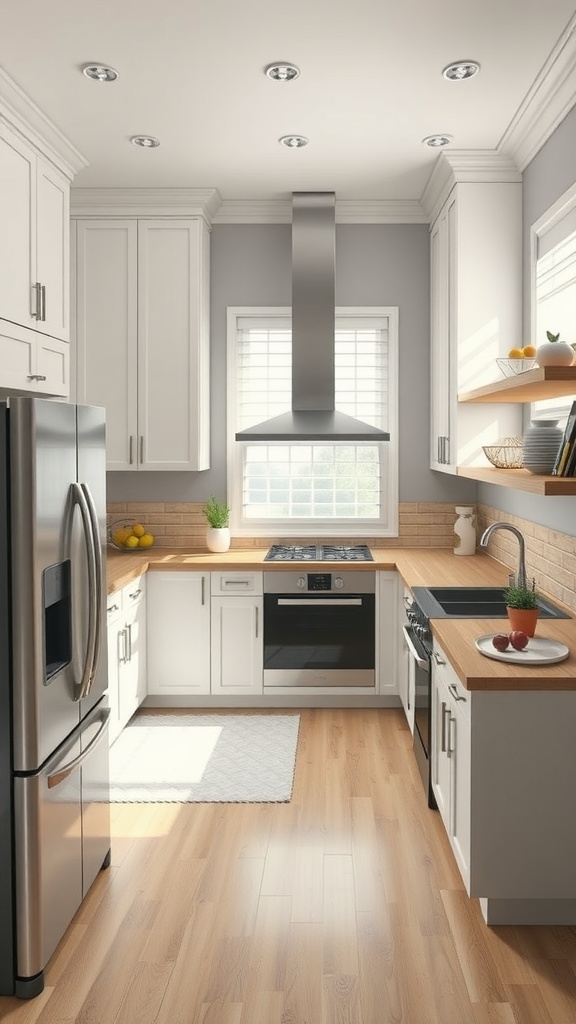 A modern kitchen with an efficient layout featuring an L-shaped design, open shelving, and plants.
