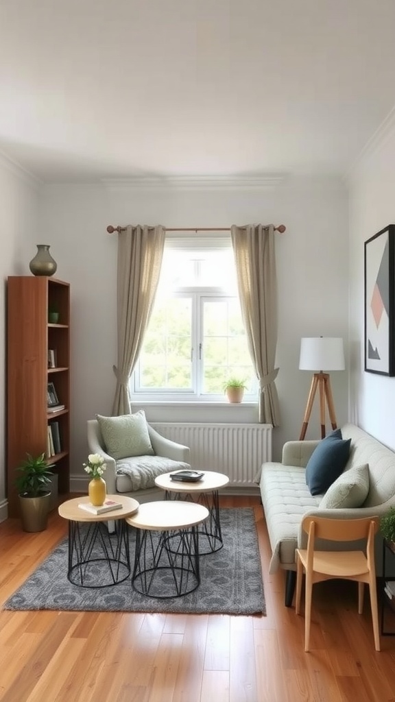 A cozy small living dining room combo with a sofa, chair, coffee tables, and a bookshelf.