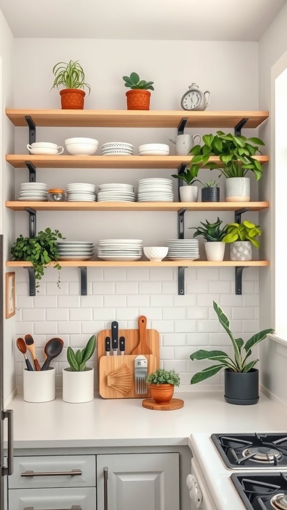 Open shelves in a small kitchen displaying plates and plants.