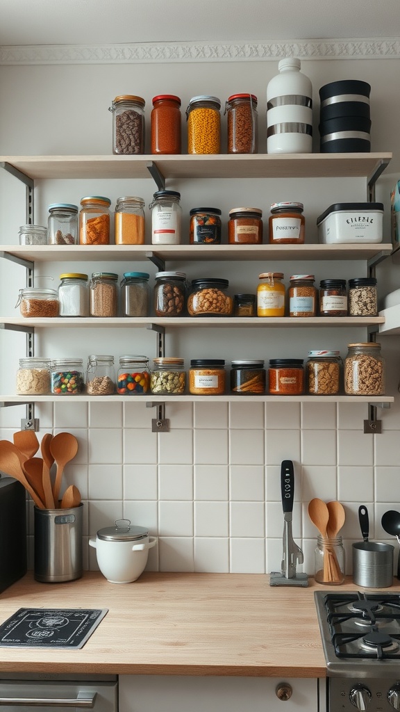 Shelving in a tiny kitchen displaying jars and containers of ingredients and spices.