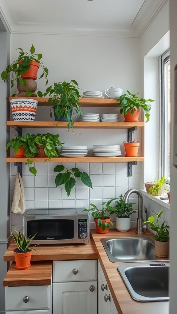 A small kitchen with open shelving, plants, and dishware to maximize vertical space