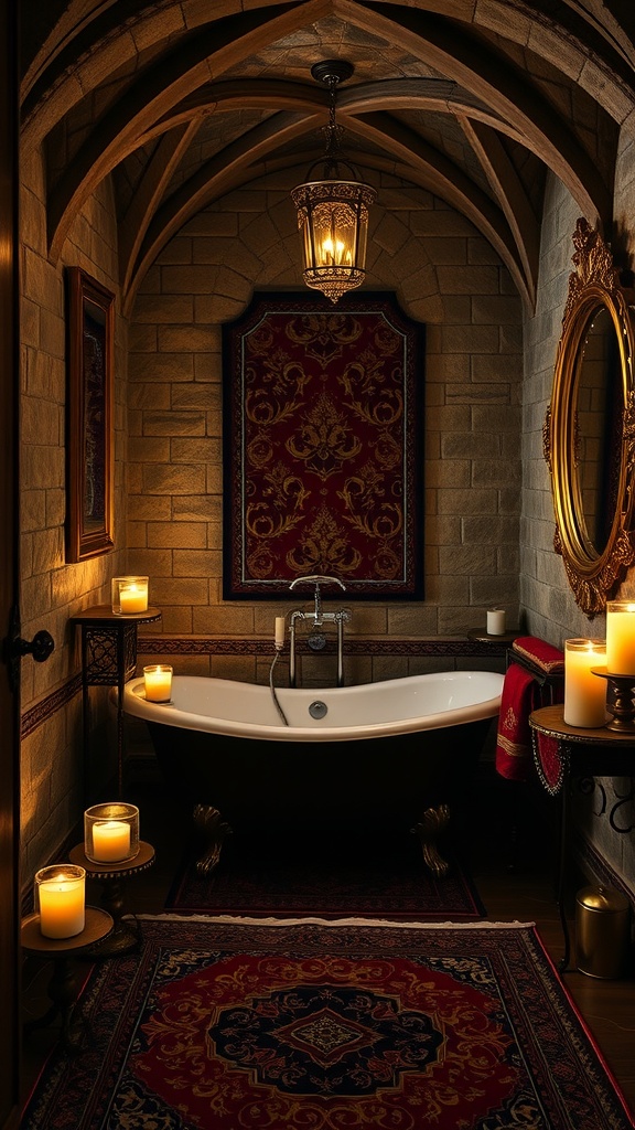 A medieval-inspired bathroom featuring a freestanding bathtub, candles, and intricate decor.