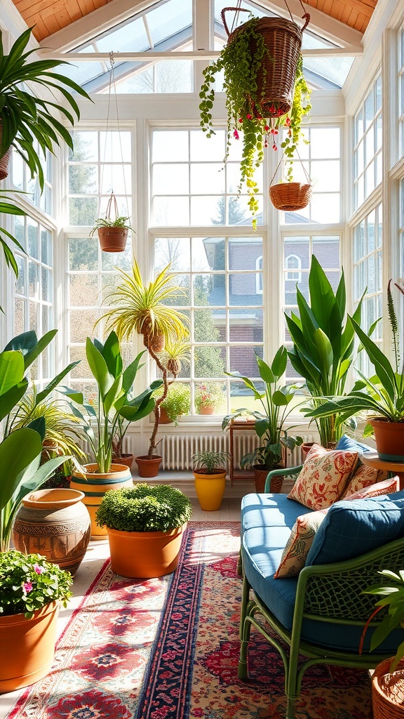 A beautiful Mediterranean style sunroom filled with plants and a cozy blue sofa.