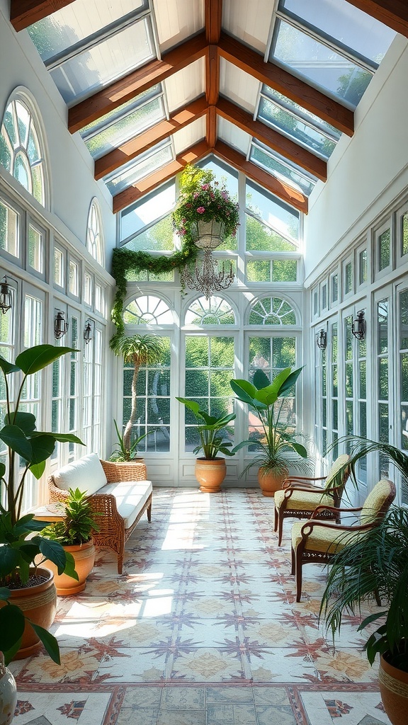 A bright and airy Mediterranean sunroom with wooden beams, large windows, and lush plants.