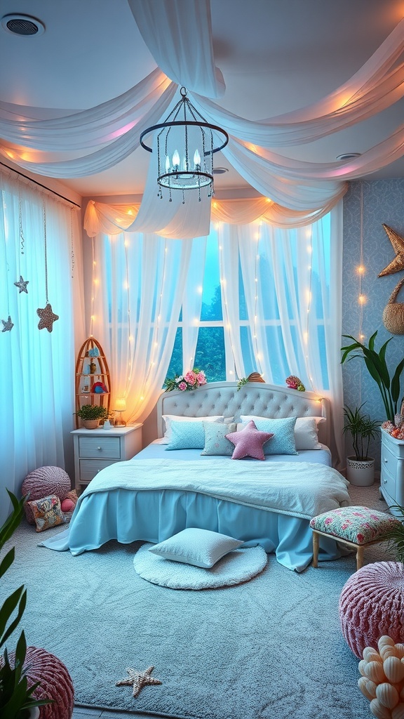 A cozy Boho-style kids bedroom with blue tones, soft textures, fairy lights, and sea-themed decor.