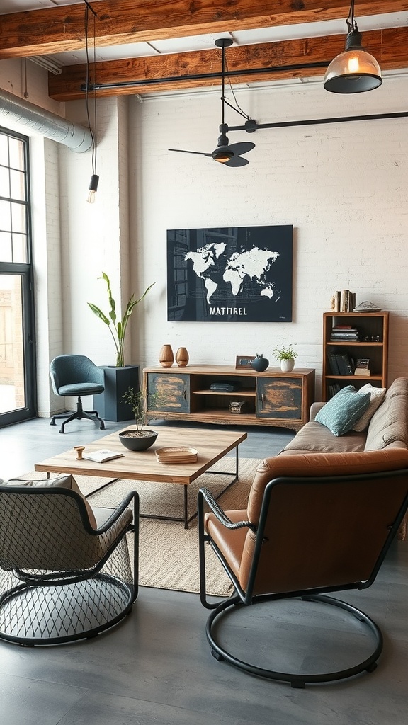 A stylish industrial living room featuring a leather sofa, metal chairs, and a wooden coffee table.