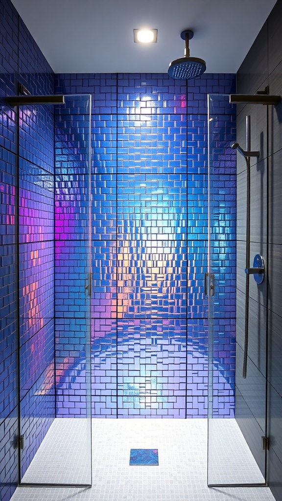 A walk-in shower featuring a metallic tile splash wall in shades of blue and purple, with clear glass doors and modern fixtures.