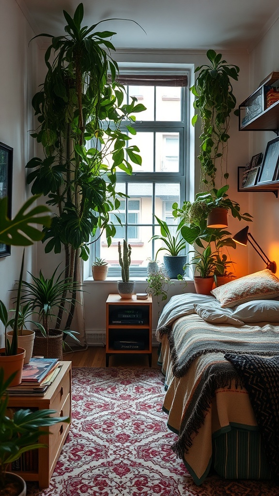 A cozy bohemian style bedroom with plants, warm lighting, and a colorful rug.