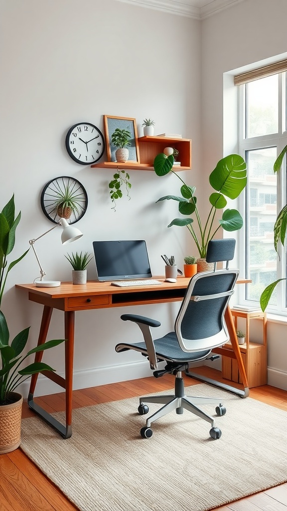 A mid-century modern home office setup featuring a wooden desk, ergonomic chair, plants, and natural light.