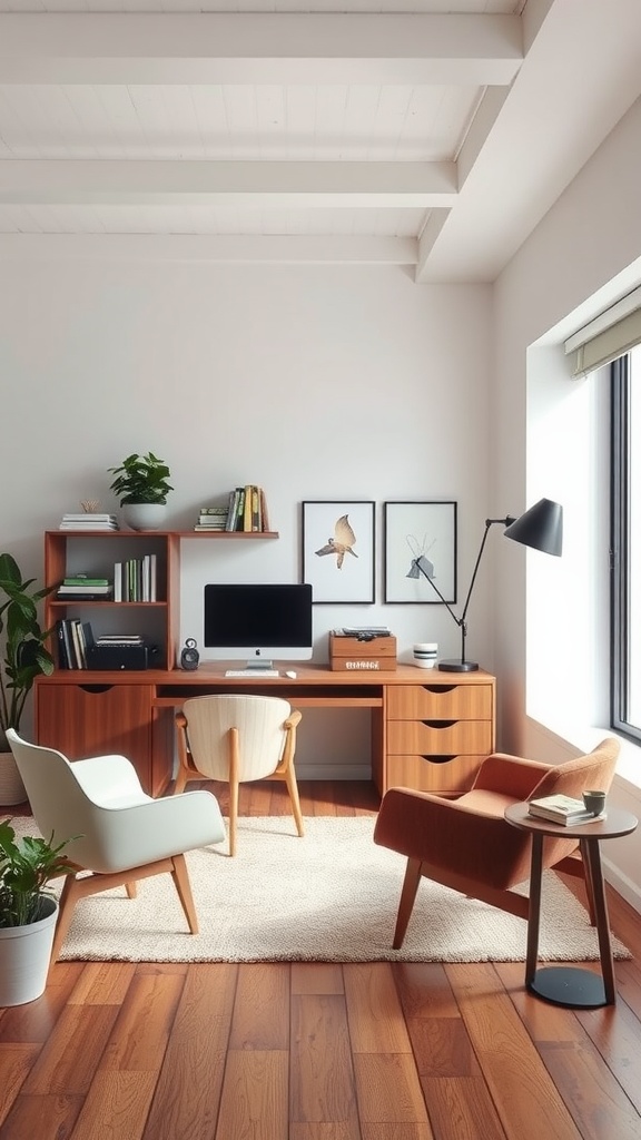 Mid-century modern masculine home office with wooden desk, chairs, and bookshelves