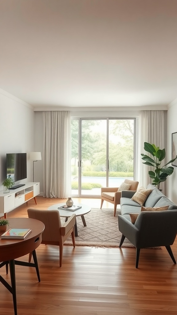 Cozy living room with mid-century modern furniture including a gray sofa, accent chairs, and a round coffee table.