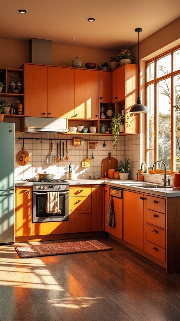 Mid-century style U-shaped kitchen with wooden cabinets, red countertops, and a round table