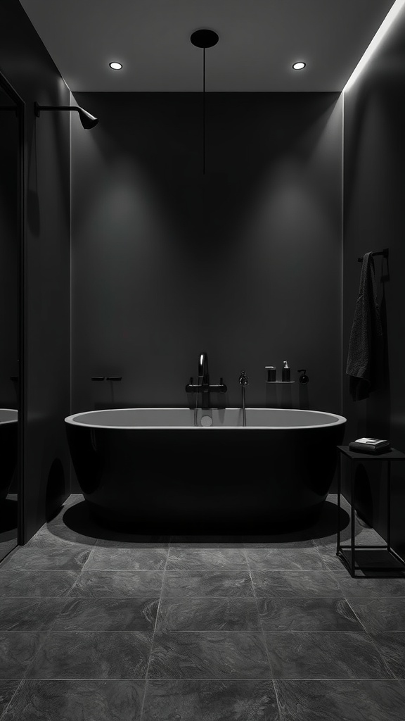 A minimalist black bathroom featuring a sleek black bathtub, black walls, and subtle lighting.