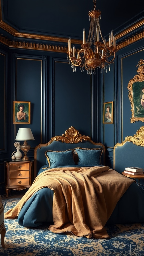 A luxurious bedroom featuring midnight blue walls, a golden chandelier, and elegant artwork