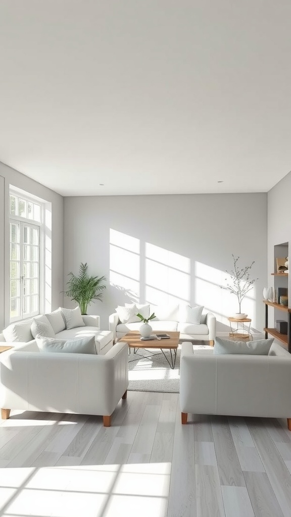 A bright living room featuring Mindful Gray walls, white furniture, and natural light streaming through windows.