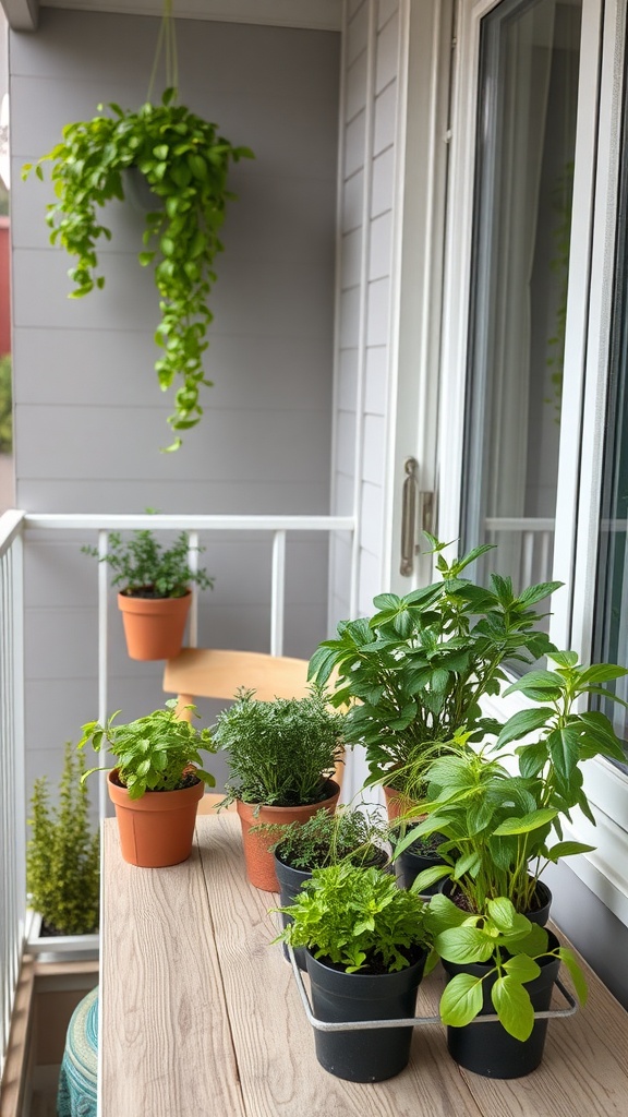 Mini herb garden with various herbs in pots on a small balcony