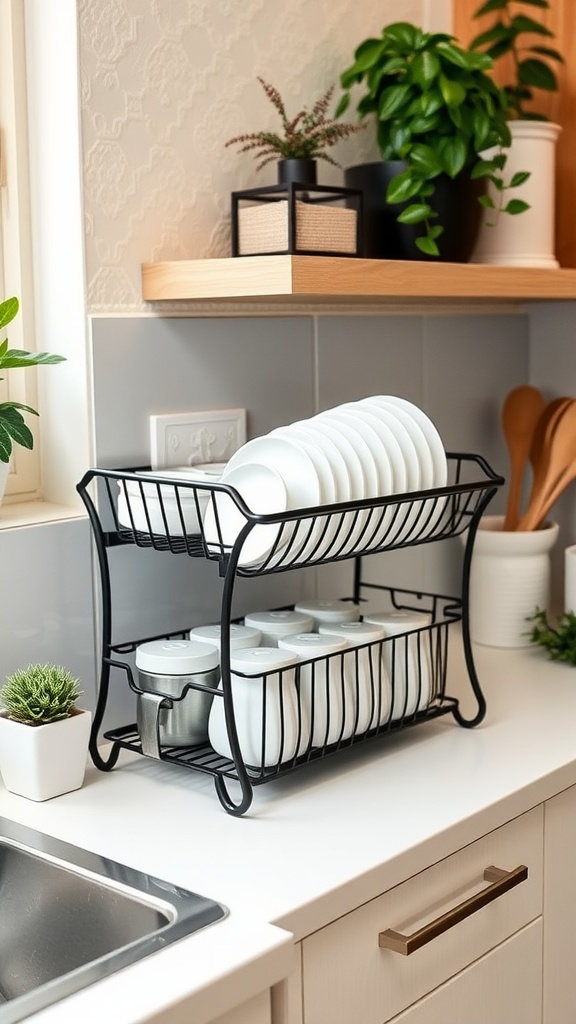 A stylish miniature dish rack with white plates and jars on a kitchen counter.