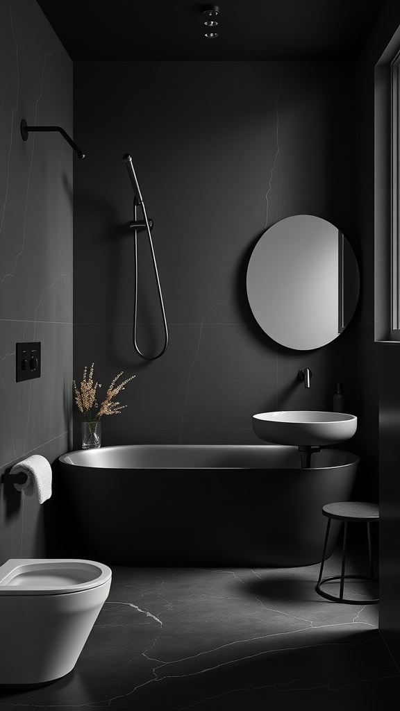 A sleek and modern minimal black matte bathroom featuring a freestanding bathtub, round mirror, and subtle decor elements.