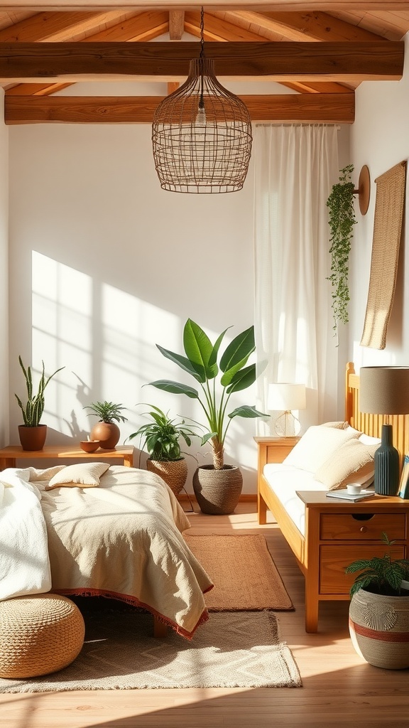 A cozy, minimalist boho bedroom with wooden furniture, plants, and soft textiles.