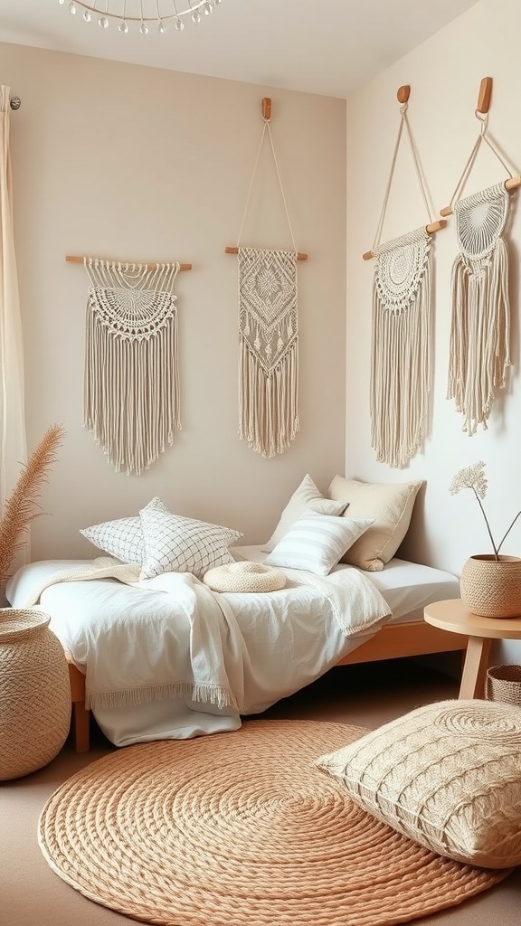 A minimalist boho style bedroom featuring macramé wall hangings, neutral tones, a cozy bed, and a round woven rug.