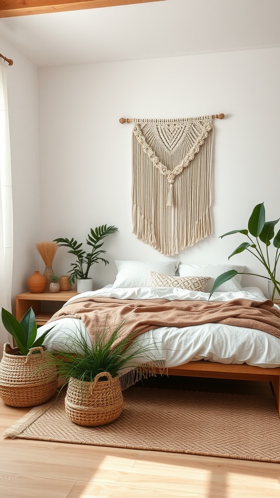 A minimalist boho bedroom featuring a macramé wall hanging, potted plants, and cozy textiles.