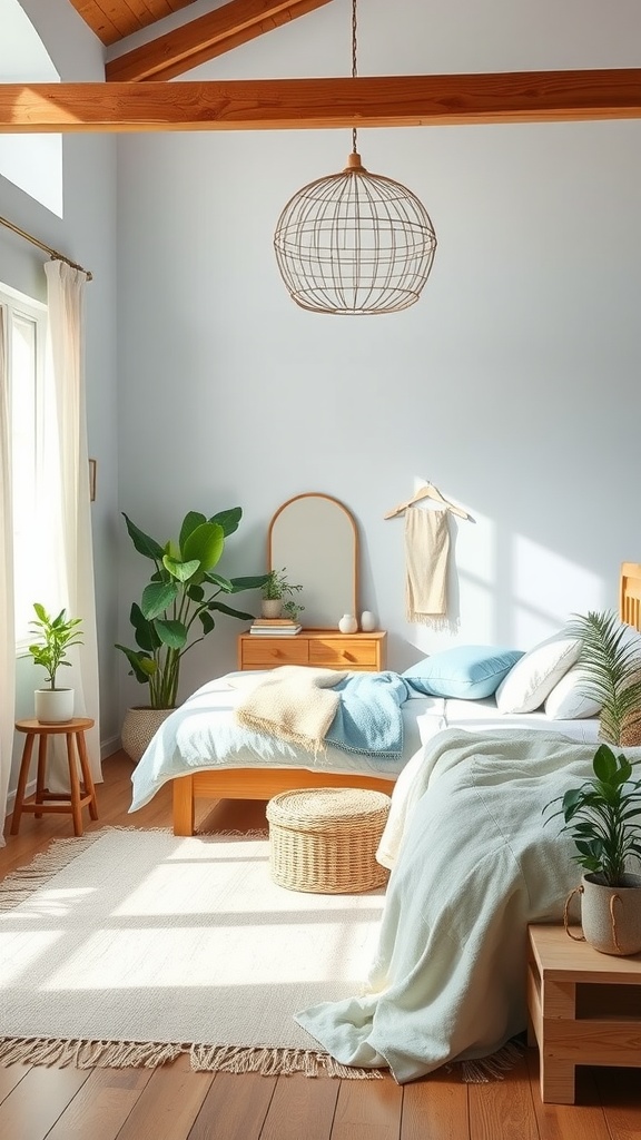 A serene minimalist boho bedroom featuring light blue bedding, wooden furniture, plants, and a woven rug.