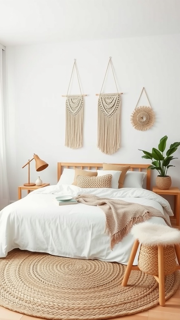 A minimalist boho chic bedroom featuring a white bed with soft linens, wooden furniture, macramé wall art, and a round jute rug.