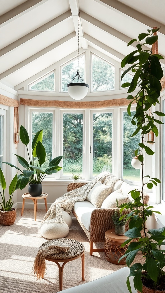 A cozy and inviting minimalist boho chic sunroom with large windows, plants, and comfortable furniture.