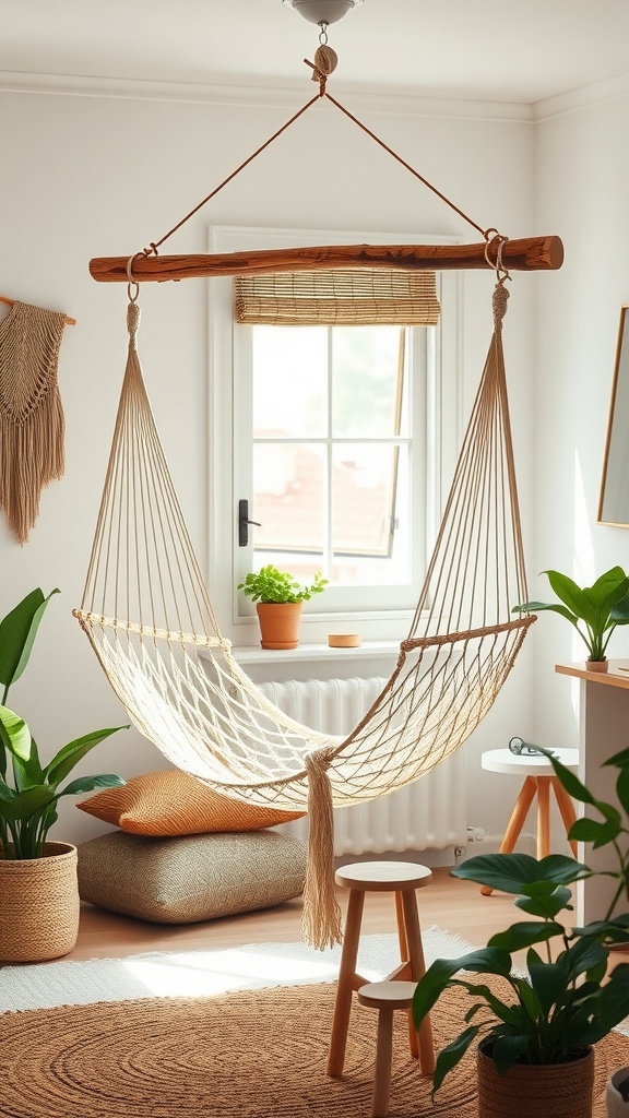 A minimalist boho style bedroom featuring a hammock, plants, and natural decor.