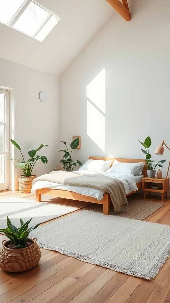 A minimalist boho style bedroom with high ceilings, showcasing a wooden bed, plants, and soft textiles.