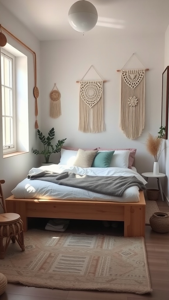 A small, cozy boho-style bedroom featuring a low bed with soft bedding, macrame wall hangings, and a small indoor plant.