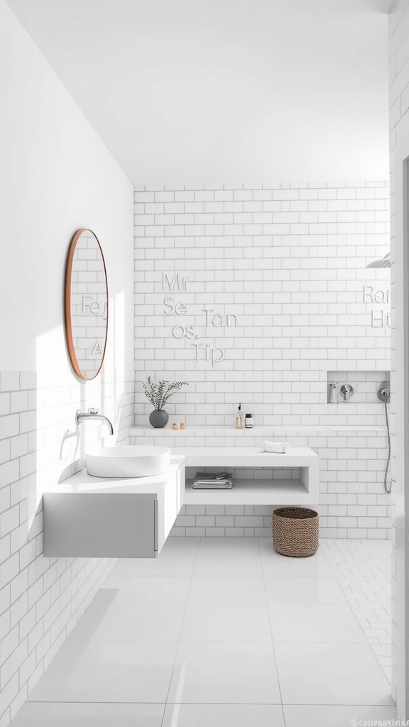 A minimalist white bathroom featuring bright tiles, a round mirror, and a floating vanity.