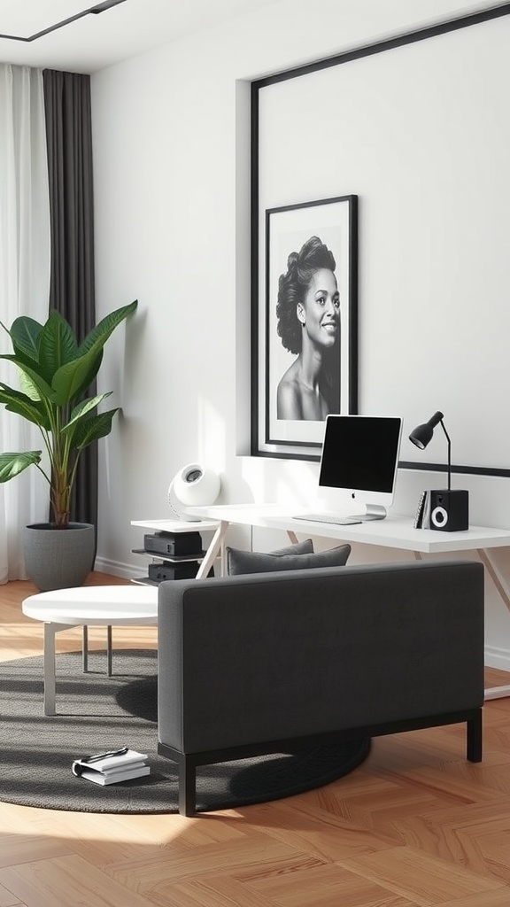 A minimalist home office with a dark gray couch, a modern desk, and a potted plant.