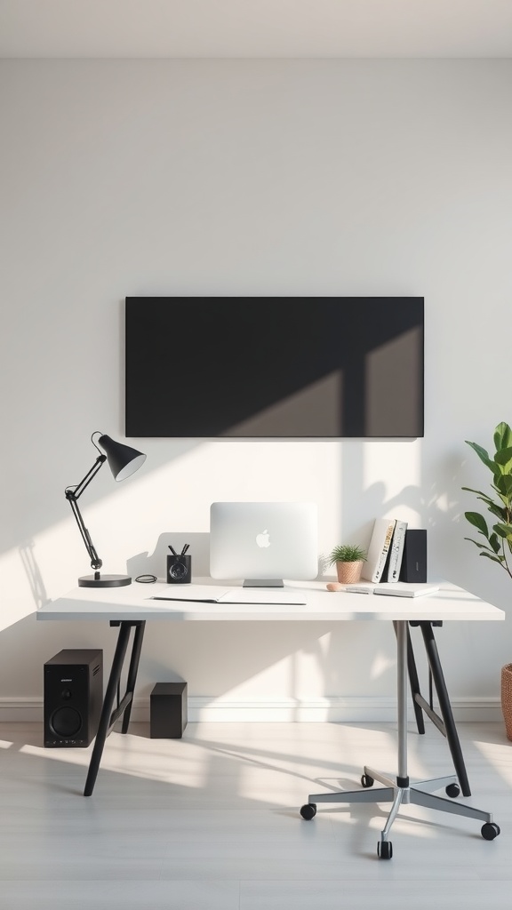 A minimalist home office featuring a white desk, laptop, and small plant in a bright setting.