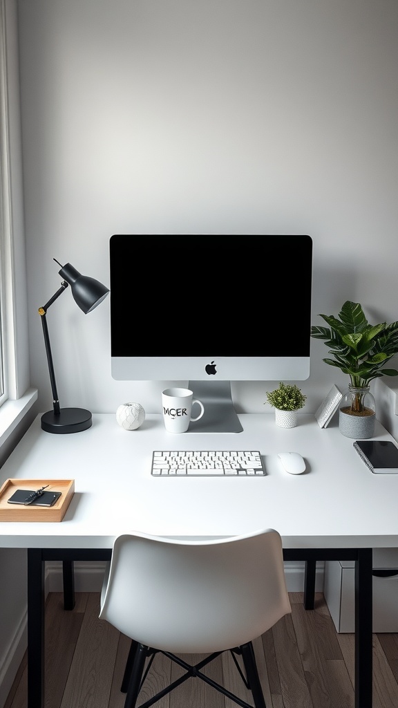 Minimalist desk setup in a tiny home office featuring a large monitor, desk lamp, plants, and a clean workspace.