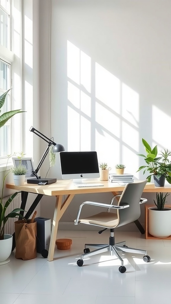 A minimalist desk setup featuring a wooden desk, a sleek chair, a computer, and several plants, all illuminated by natural light.