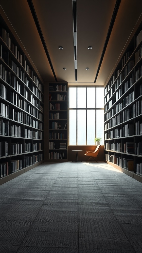 A minimalist library with bookshelves, a large window, and a cozy chair.