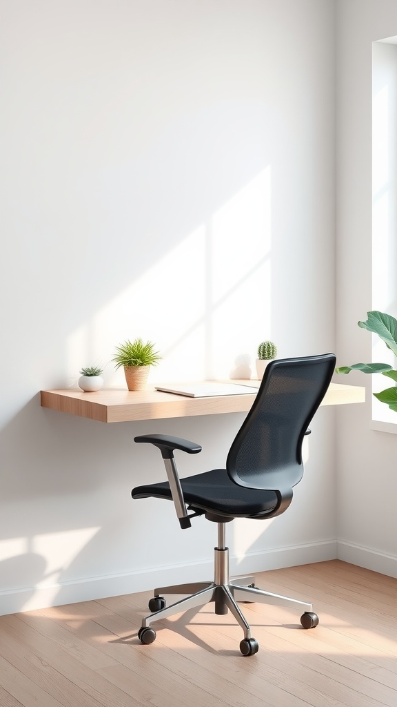 A minimalist floating desk design with a black office chair, a small plant, and a bright window.