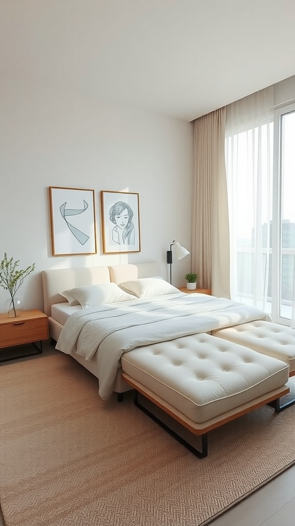 A minimalist master bedroom featuring a simple bed, neutral bedding, and elegant decor.