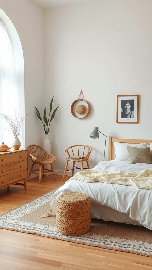 A minimalist boho bedroom with light wood furniture, a cozy bed, plants, and decorative elements.