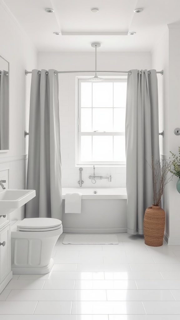 A minimalist gray shower curtain in a gray and white bathroom with modern fixtures.