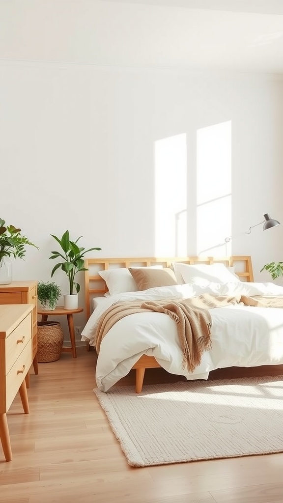 A minimalist bedroom featuring a wooden bed, soft bedding, and plants, creating a serene atmosphere.